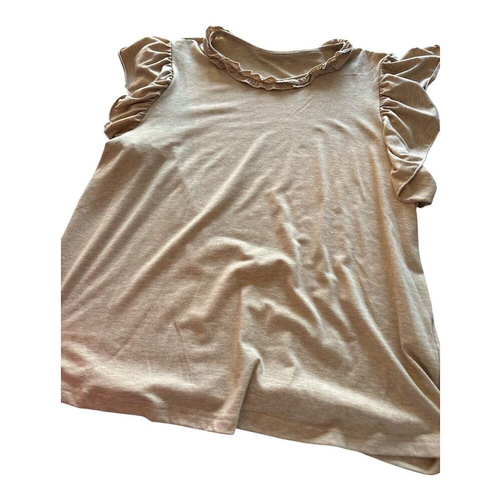 Shein Tan Ruffle Trim Cap Sleeve Frill Neck Top